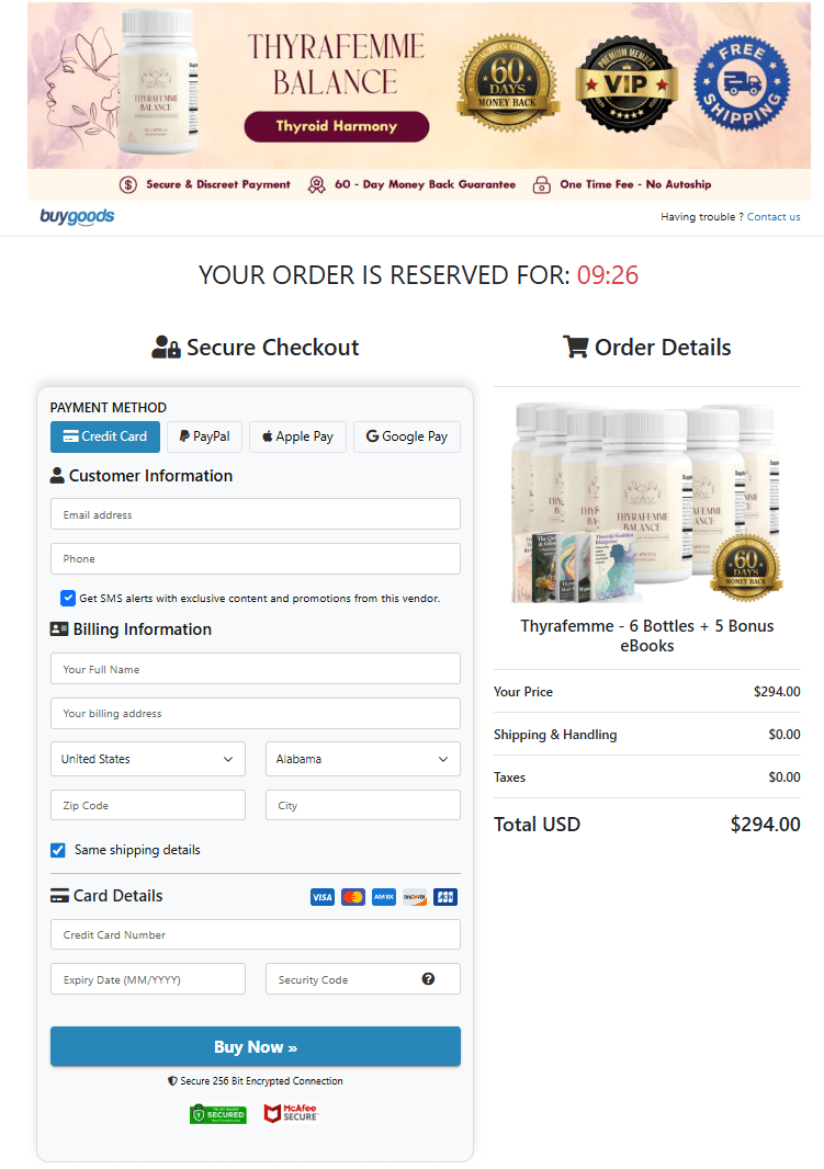 Thyrafemme Balance order checkout page